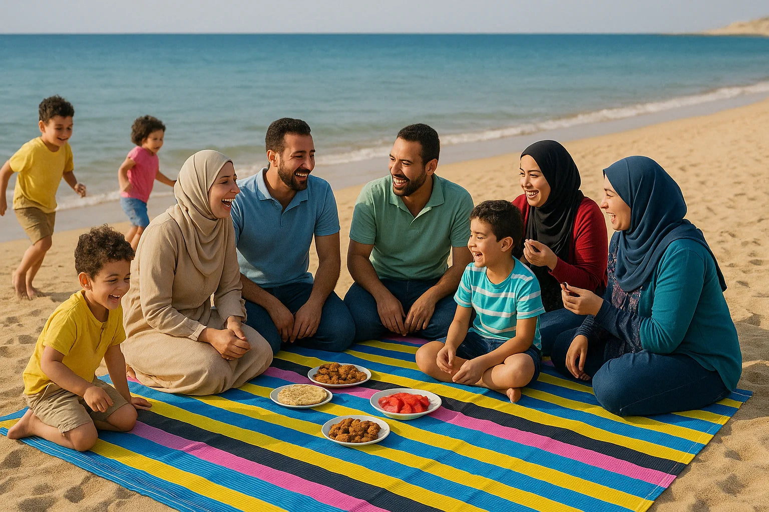عائلة مصرية في شاطئ على حصيرة بلاستيك